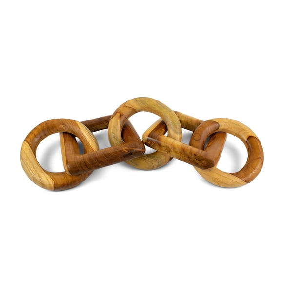 Wood Chain Link Sculpture – Hand Carved 3 Round 2 Square Link Decor, Rustic Modern Accent