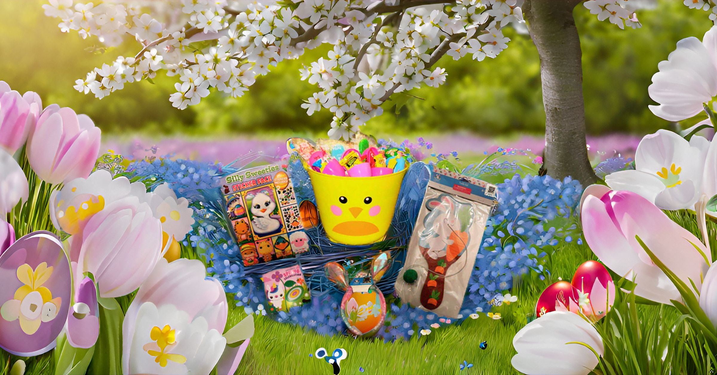 Yellow Custom Prefilled Easter Basket 44 Pieces, Candy Treats Toys Activity Books, All Youth