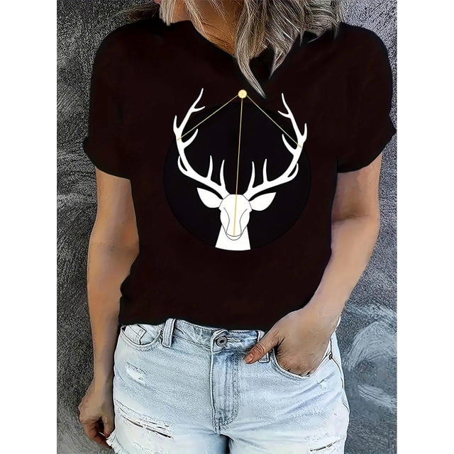 T-Shirt de Sport Décontracté Simple à Col Rond et Manches Courtes pour Femmes, Motif de Cerf Minimaliste Créatif Imprimé, Haut d'Été Confortable pour Femmes pendant les Vacances. Fête des Pères, Fête des Mères, Nouveau A