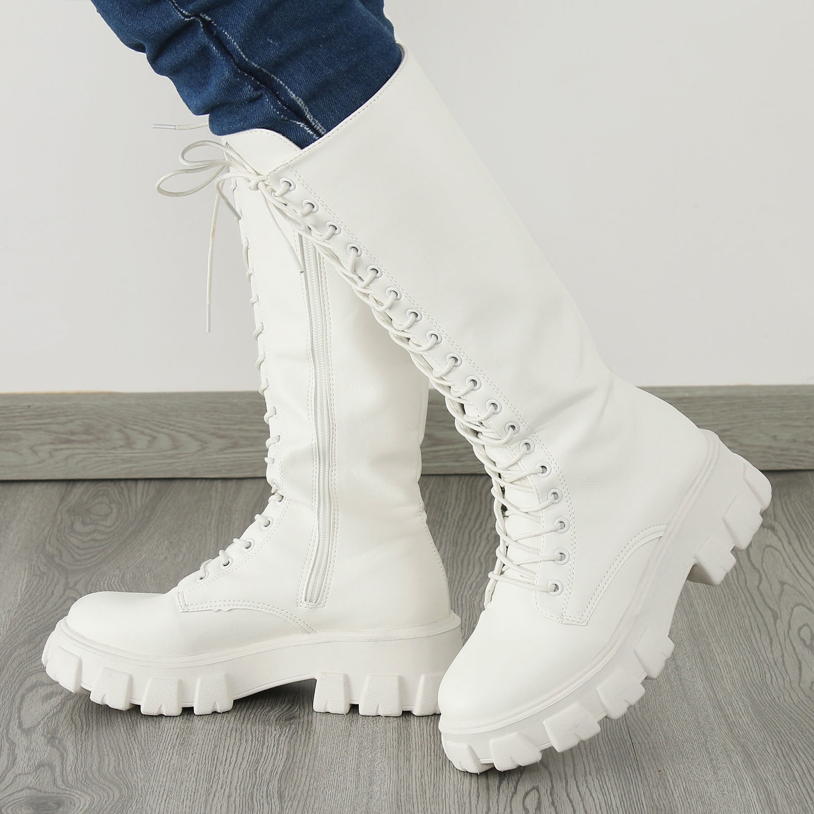 Wyzesi White Boots Knee High Girls Ladies British Style Solid