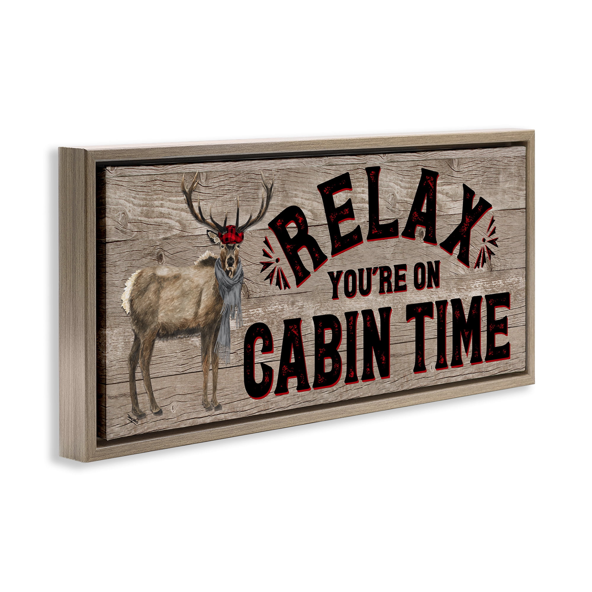 Stupell Industries Cabin Time Phrase with Deer Animals & Insects Painting Brown Floater Framed Canvas Art Print Wall Art, 31 x 14