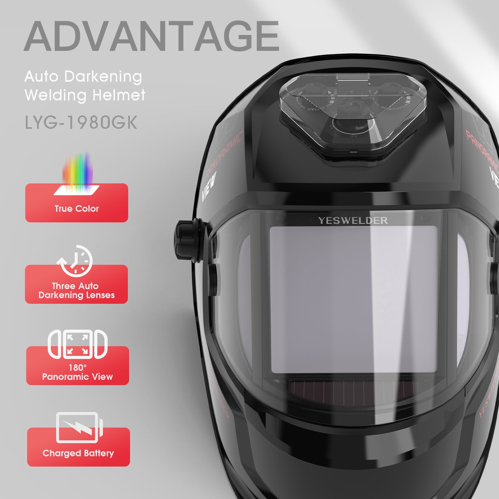 YesWelder Auto Darkening Welding Helmet, Panoramic View, DIN5 Auto-Dimming, True Color, Type-C Charging