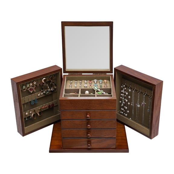 TFCFL 5 Layers Jewelry Organizer Case Vintage Large Wooden Watches Necklaces Storage Box w/ 4 Drawers