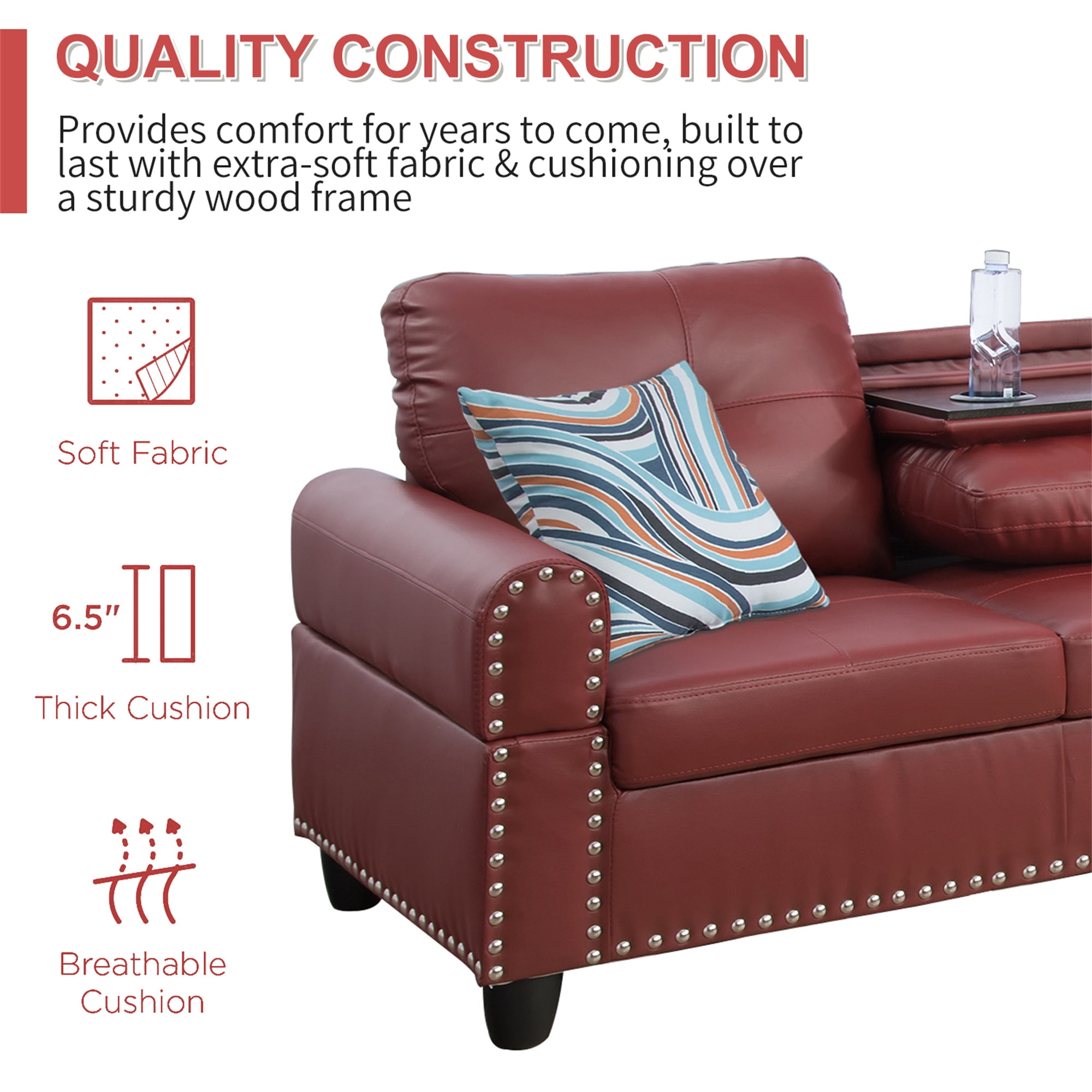 Aukfa 96" Leather Sectional Sofa with Storage Ottoman for Living Room, 2 Cup Holders, Right Facing Chaise, Red