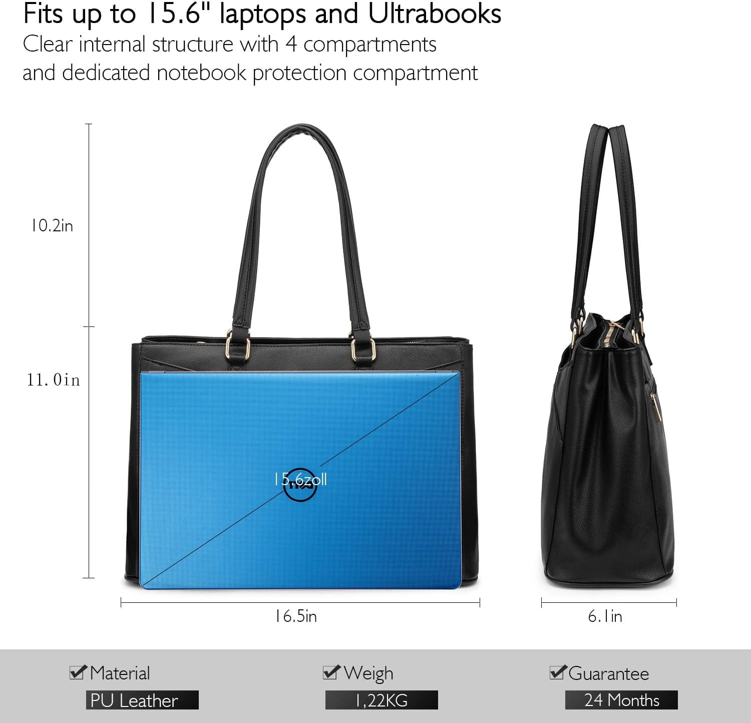LOVEVOOK Laptop Tote Bag for Women 15.6 Inch Waterproof Leather Computer Bags Business Office Work Briefcase Black