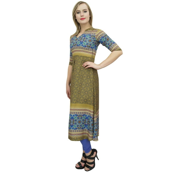 Bimba Women's Olive Green Designer Tunic Printed A-Line Kurti Kurta Dress-8