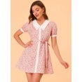 thumbnail image 3 of Unique Bargains Robe Florale pour Femmes Col Pointu Boutonnée Ceinturée Robes d'Été Rose TG, 3 of 6