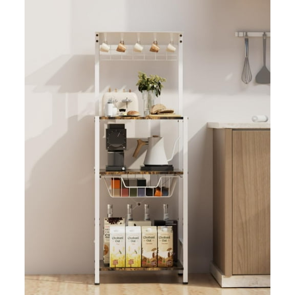 4 Tier Coffee Bar Station, Corner Bakers Rack with 5 Hooks & Wire Basket, Coffee Maker Stand for Small Space, Kitchen Storage Shelf for Entryway, Living Room, Café, White, 16.5"x13"x47.8"