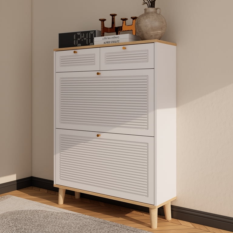 Lisonu Slim Shoe Cabinet, White & Natural Wood. 2 Flip Doors & 2