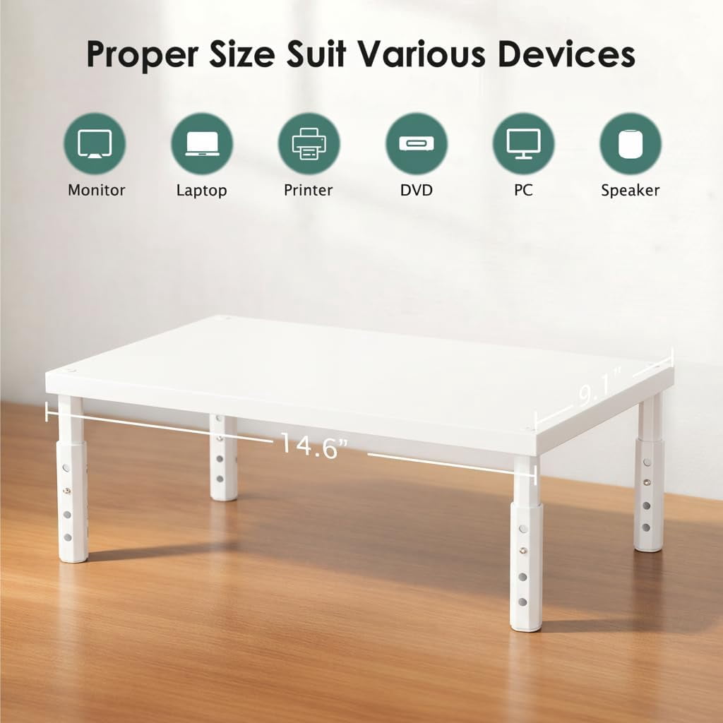 Monitor Stand Riser for Desk, Adjustable Computer & Laptop Stand, Desk Organizer for Monitor, Laptop, PC, Printer, Office Desk Accessories for Home & Office, White Wood