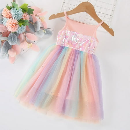 

Huilaibazo Girls Dress Toddler Girls Sleeveless Paillette Rainbow Tulle Suspenders Princess Dress Clothes