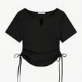 thumbnail image 5 of Shirts for Women Plus Size Short-sleeved Pleated V-neck Solid-color Casual T-shirt Black L, 5 of 5