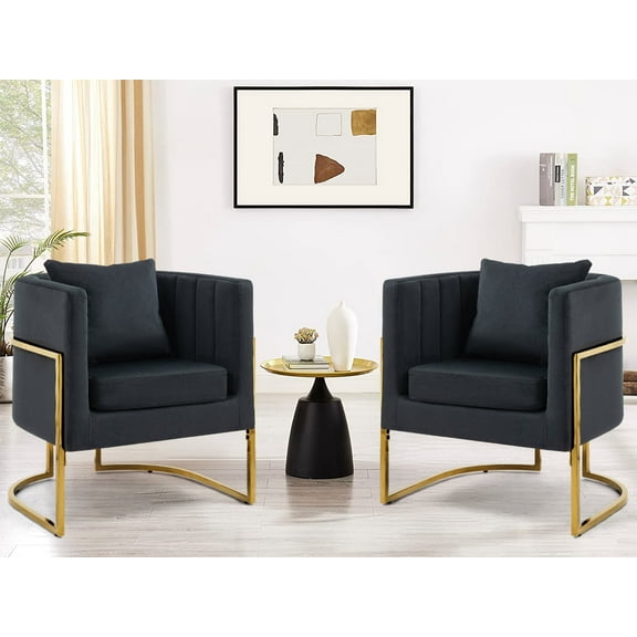 Velvet Accent Barrel Chairs Set of 2, Modern Arm Club Chair with Pillow for Living Room / Bedroom / Guest Reception, Channel Tufted, Gold Finish Base, Black