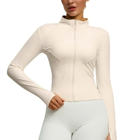 Ounisa Women's Outerwear Cropped Lightweight Stretchy Running Track Jackets Full Zip Slim Fit Athletic Tops With Thumb Holes