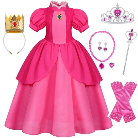 Jurebecia Peach Princess Costume Dress Girls Super Brothers Kids Fancy Princess Dresses up Set Halloween Birthday Cosplay with Accessories 120 cm 5-6 Years