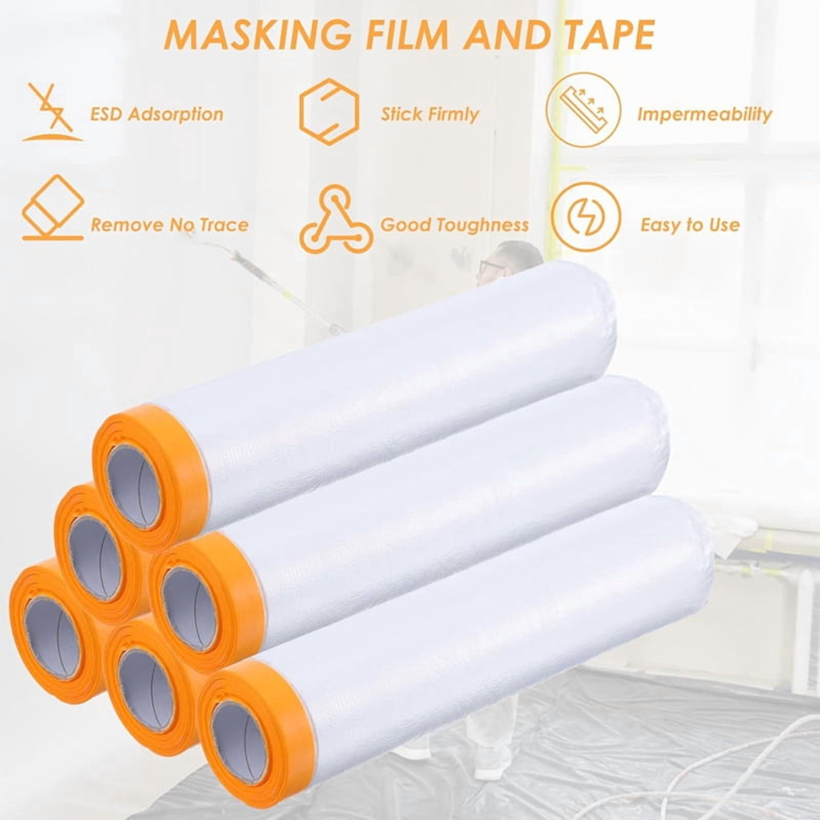 6 Rolls Painters Plastic with Tape, Pre-Taped Masking Film, Automotive Best Tape and Drape,for Covering Skirting