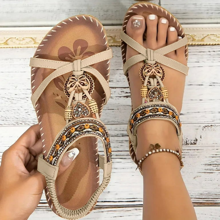 bohemian dress sandals Rokment Boho Beach Dress Sandals for Women 2025 Ethnic Bohemia Summer Braided Open Toe Wedge Low Heels Dressy Sandals, Women's, Size: 9, Brown
