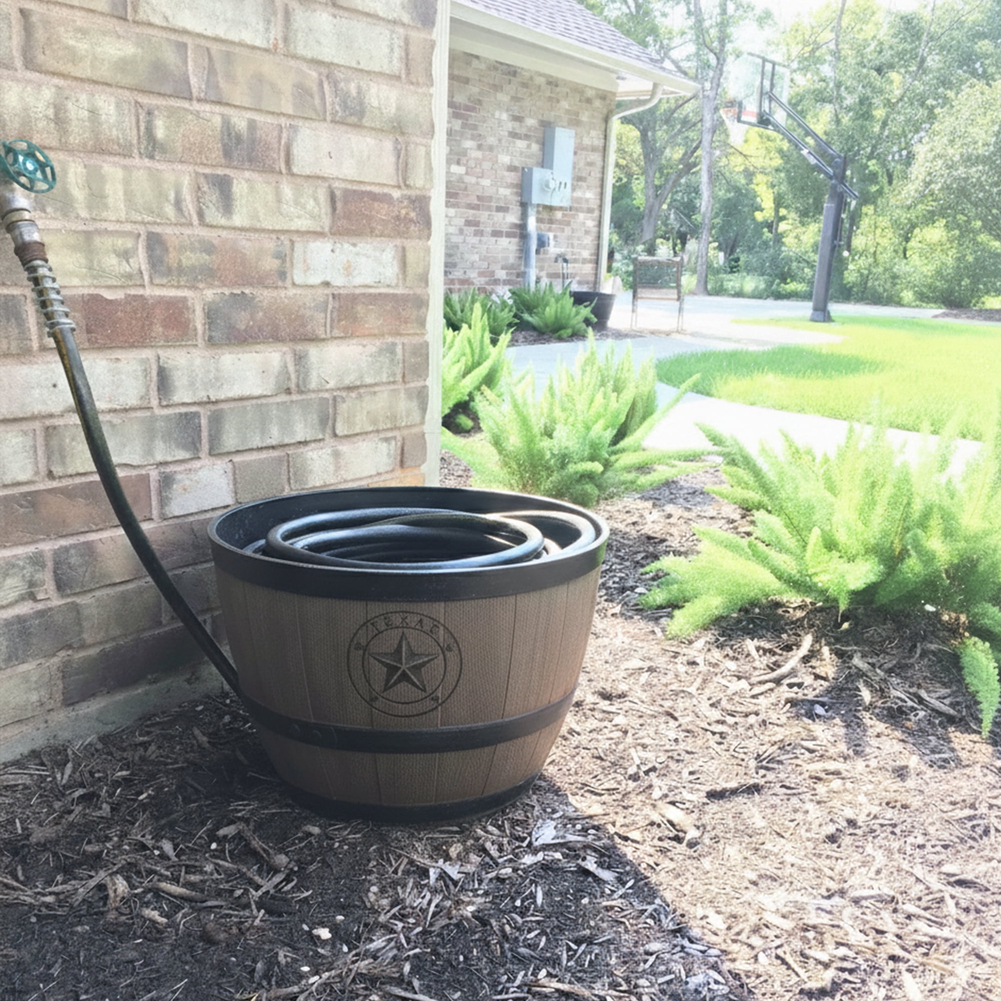 Expert Gardener Texas Whiskey Barrel Walnut Brown 100% Recycled Resin Hose Pot, 18 in x 18 in x 12 in, Removable Drainage Plug