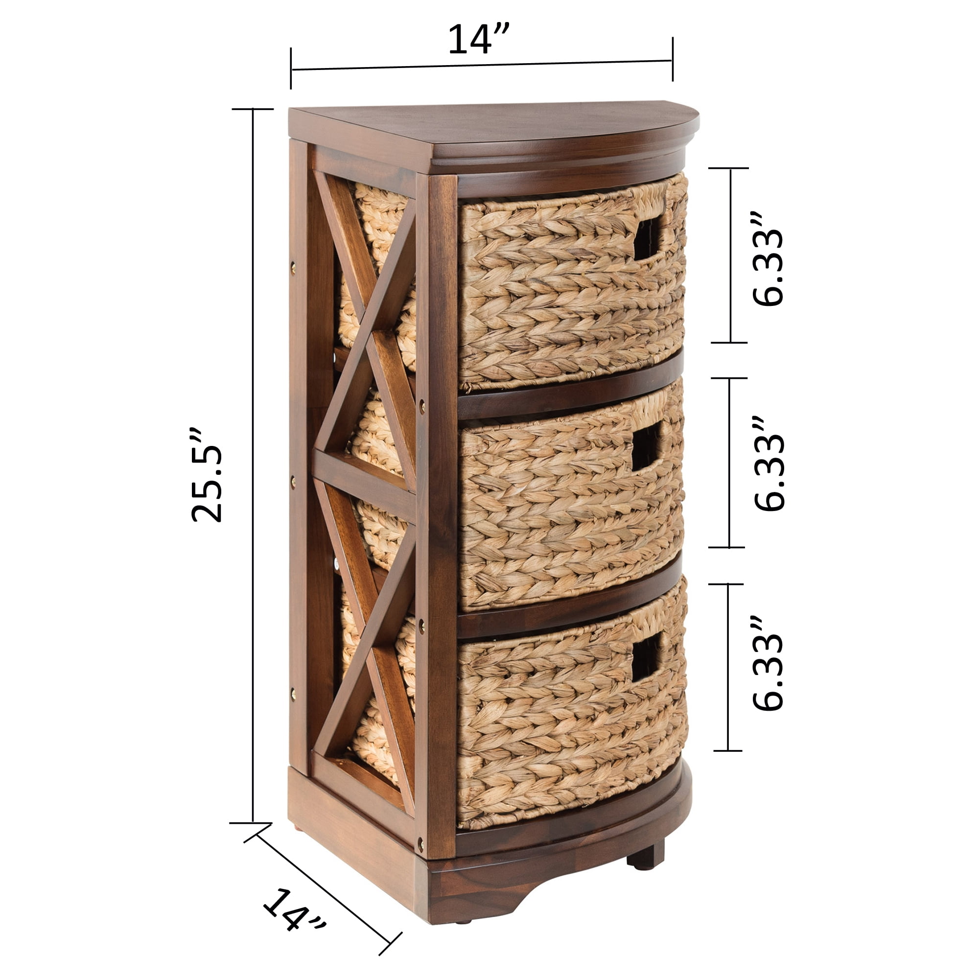 Hampton Meadows 3 Tier X-Side Corner Table Storage Cabinet with 3 Natural Water Hyacinth Wicker Baskets for Living Room, Walnut