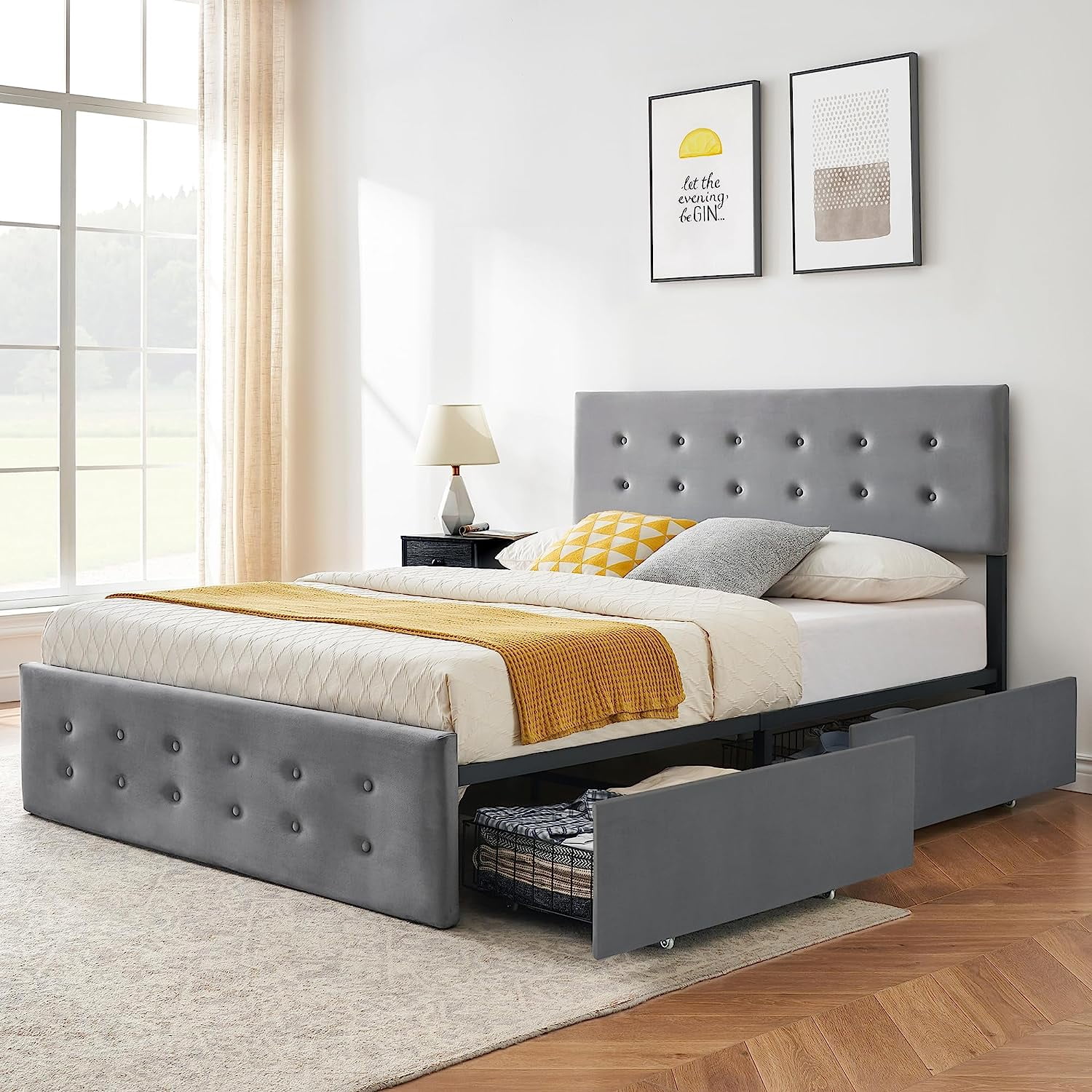Velvet Queen Bed Frame with 4 Storage Drawers, Upholstered Platform Bed Frame with Headboard and