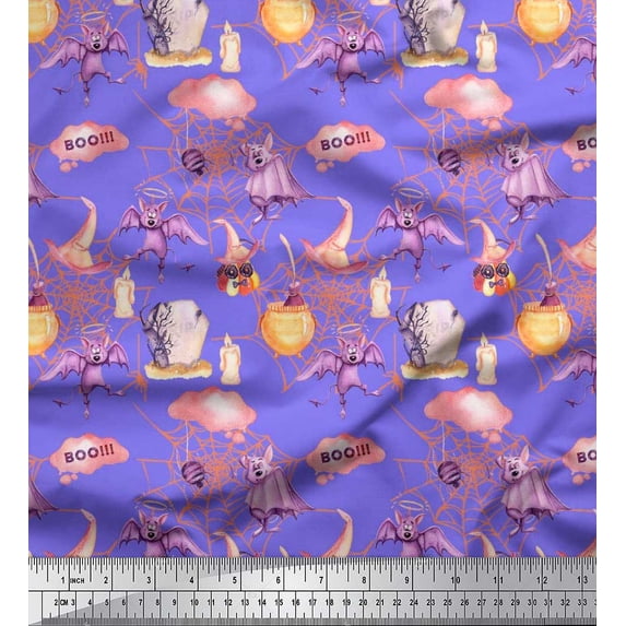 Soimoi Silk Fabric Bat,Witch Hat & Magic Potion Halloween Printed Craft Fabric by The Yard 42 Inch Wide