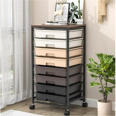 Rolling Carts with Wheels Utility Cart with 8 Drawers and Wooden Tabletop Rolling Drawer Cart Plastic Drawer Storage for Living Room Classroom Bedroom Bathroom Dorm Office Brown