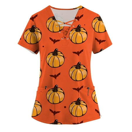 

Sksloeg Scrub Tops Women Plus Size Animal Cat Bat Print Short Sleeve V-Neck Lightweight Easy Fit Shirts Tee Tops with Pockets Orange 4XL