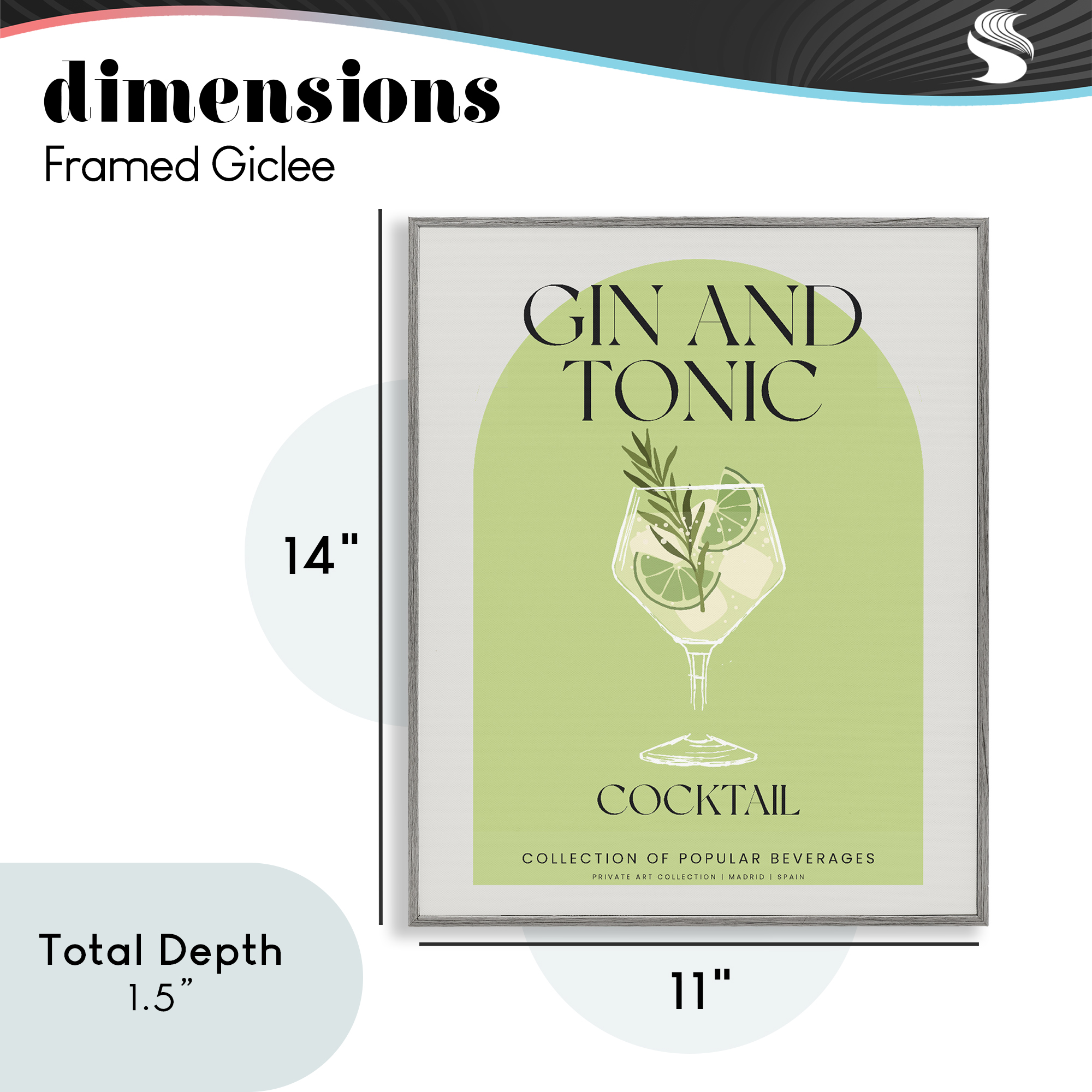 Stylish Retro Gin & Tonic Gray Framed Giclee Art, design by Lil' Rue