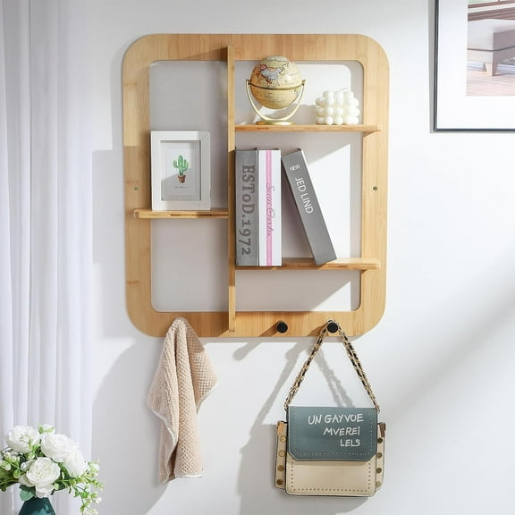 Proman Products Fiji Wall Mounted Bamboo Floating Shelves, Book Shelves, Storage shelves Organizer with Hooks Clothes Hat Bag for Living Room, Bathroom, EntryWay (Natural)