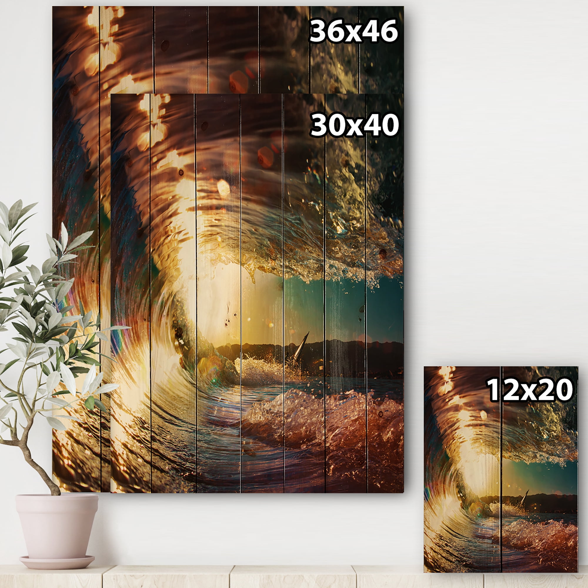 Designart 'Colored Ocean Waves Falling Down At Sunset III' Modern Seashore Print on Natural Pine Wood
