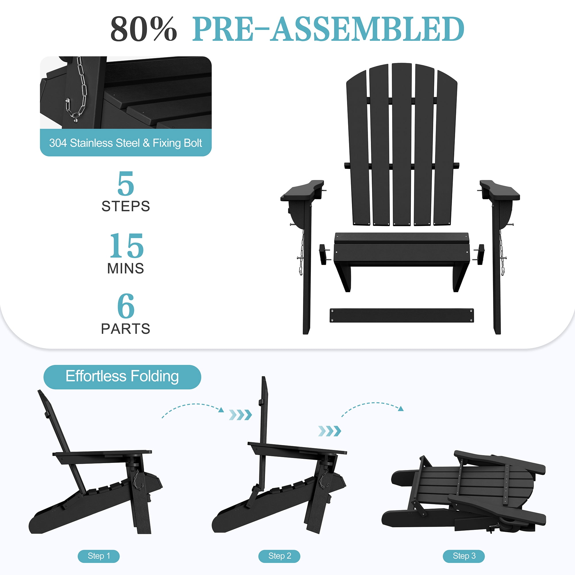 Walsunny Folding HDPE Adirondack Chair Set of 4,All-Weather Outdoor Fir Pit Chairs with Cup and Phone Holder for Outdoor Patio Garden Backyard,Black