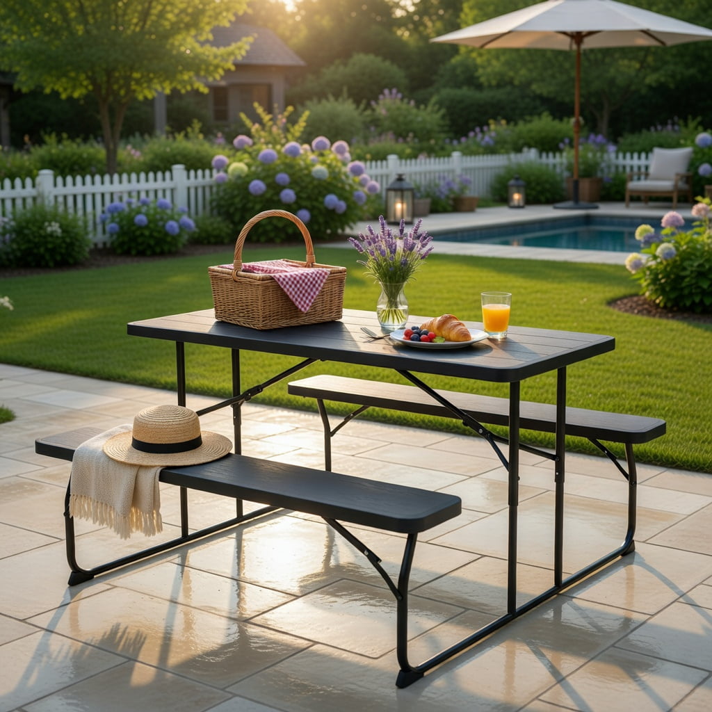 Hommoo Folding Outdoor Picnic Table & Bench Set, Steel Frame with Wood-Look HDPE Top, Heavy-Duty Folding Patio Table for Backyard, Camping, and Tailgating, Black