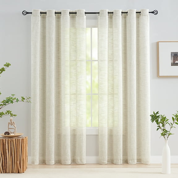 Exultantex Rustic Beige Burlap Sheer Curtain - 52"W x 95"L -Natural Home Decor Accent, 2pcs,Grommet Top