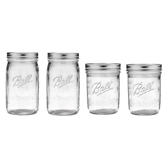 Mason Wide Mouth Jars with Lids and Bands, Set of 4, Two 32oz Two 16oz Jars (Bundle Pack)