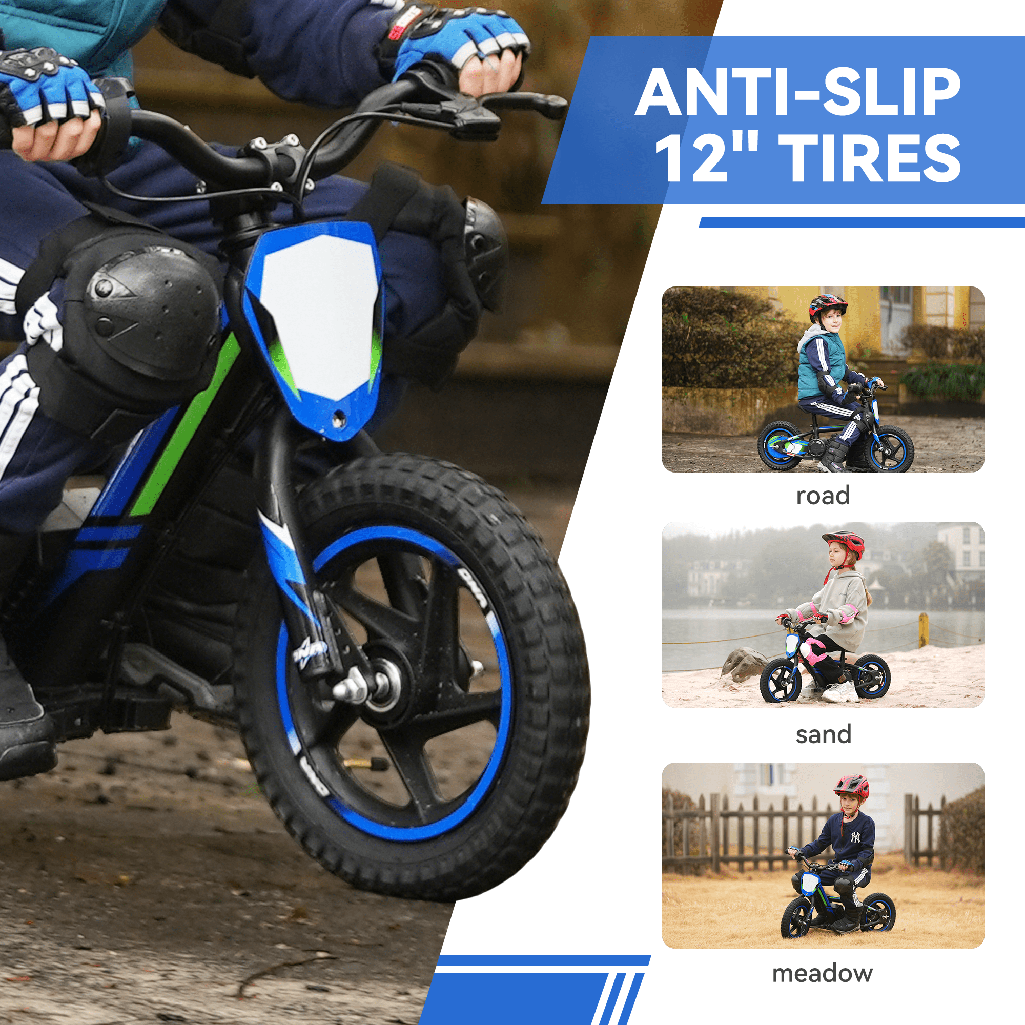 KKA 24V Electric Dirt Bike for Kids, 12 inch Tires Blue with Detachable Battery, for Child 3+