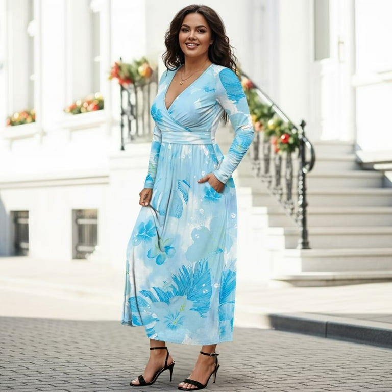 Ladies Dresses Palm Maxi Dress Fkelyi Blue Flower Palm Leaf Print Womens  Long Sleeve Fall Dress