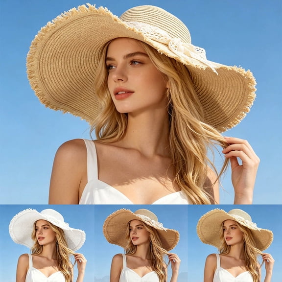 Women Sun Hat Wide Brim Cap Summer Fashionable Bow Beach Travel Visor Cap
