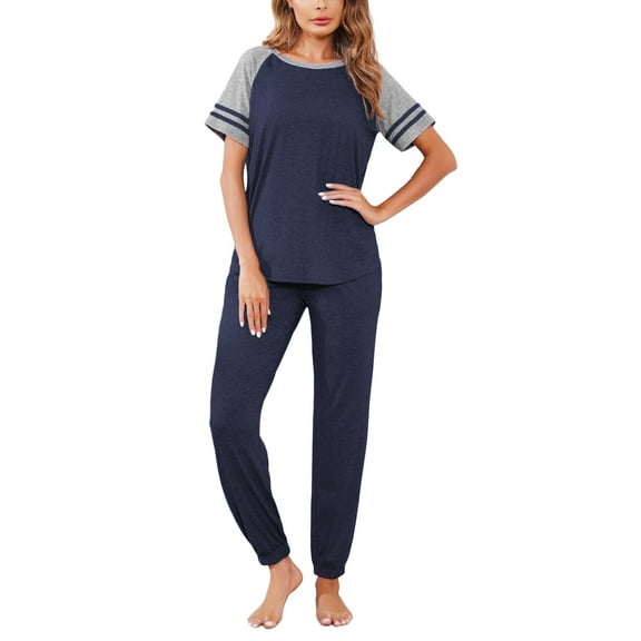Ekouaer Lounge Sets for Women Two Piece Pajama Set Short Sleeve Crewneck Jogger Outfits and Sweatpants Tracksuit Navy Blue L