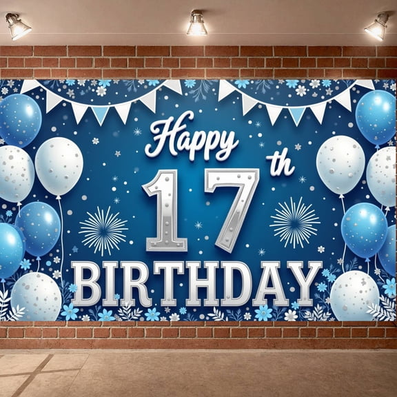Blue Theme 17th Birthday Banner Silver Numbers Display Balloon Decor Firework Design Teen Birthday Backdrop for 17th Birthday Party Teen Celebration Indoor Decoration