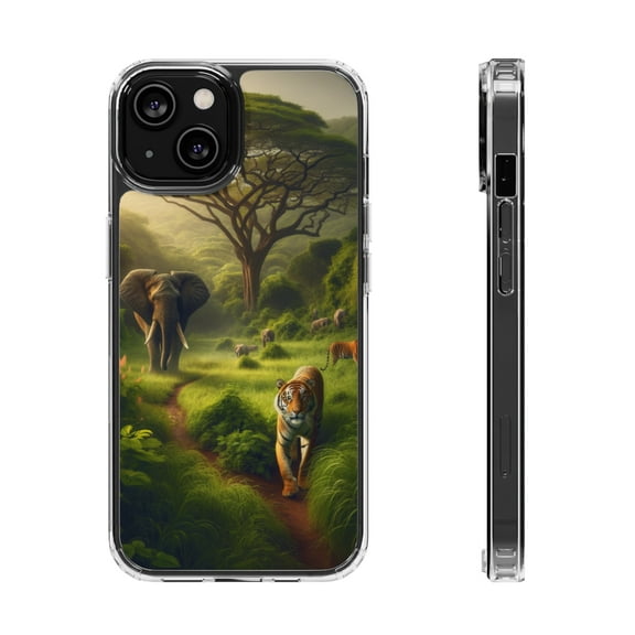 DistinctInk Clear Hybrid Case for Apple iPhone 14 (6.1" Screen) - A Majestic Meeting: Tigers and Elephants Roam Together - Raised Bezel Screen Guard