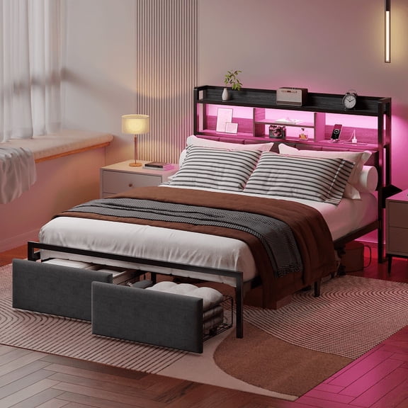 Satifur Queen LED Bed Frame with Upholstered Storage Headboard & Drawers, USB Ports, RGB Lights and Under Bed Storage