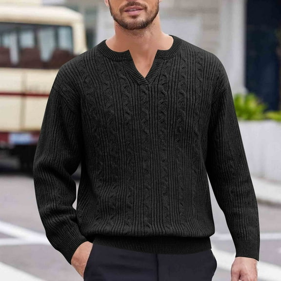 DPTALR George Men's Knitted Casual Loose Elastic Pullover Long Sleeve Button V-Neck Sweater,Black Big and Tall Men M