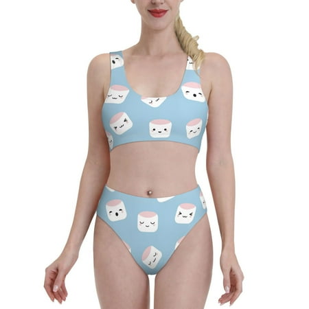 Bixox Cartoon Sushi Pattern Two-Piece Sports Bikini with U-Shaped Top and High-Waist Bottom - Women s Swimwear with Removable Bra Pads