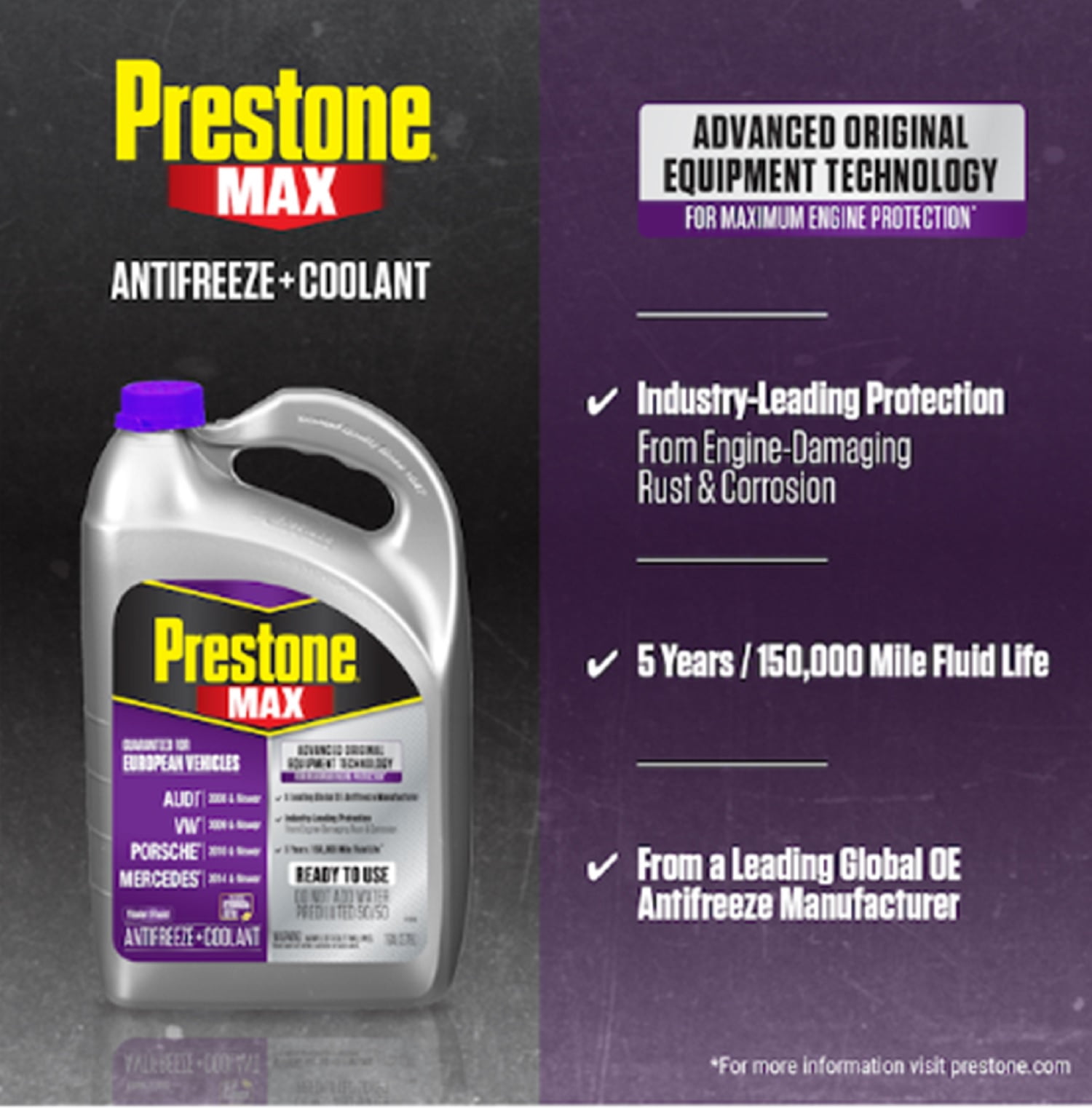 Prestone Max AF6510 Violet Ready to Use Antifreeze Coolant for European Vehicles - Audi, Volkswagen, Porsche, Mercedes