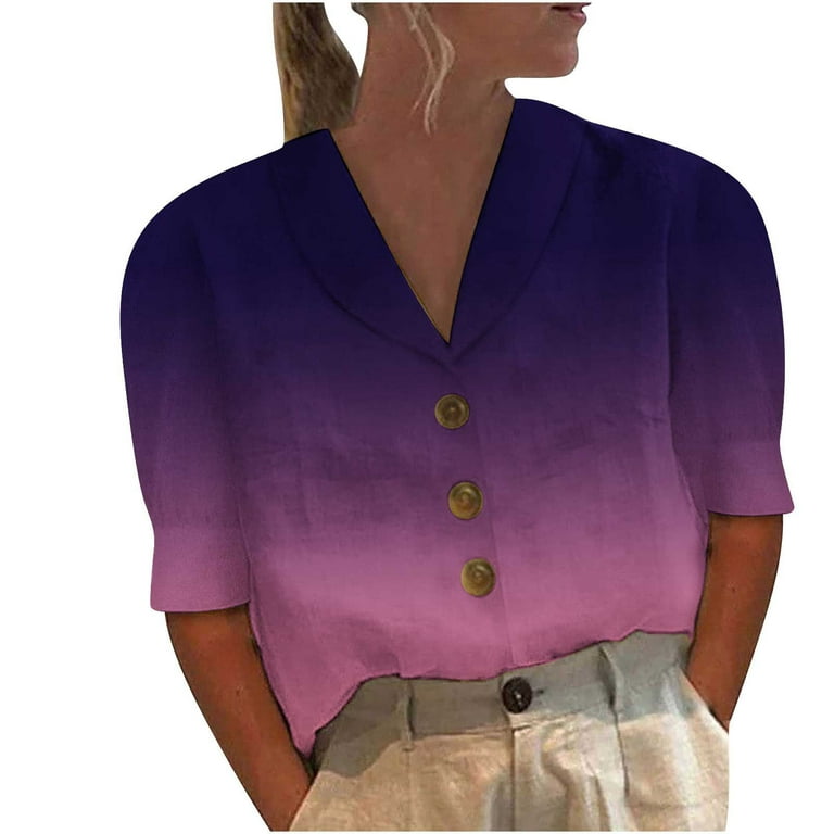 Women Cotton Linen Shirt Summer Loose Short Sleeve Lapel Blouse 