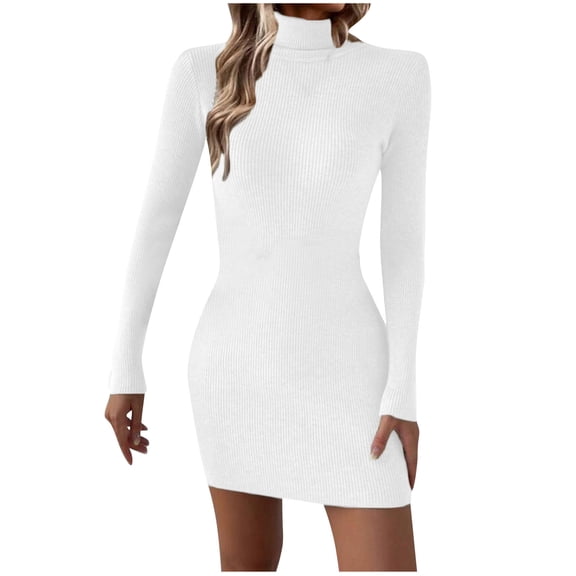 hotojiny Turtleneck Mini Sweater Dress for Women Long Sleeve Ribbed Knit Pullover Dresses Fall Slim Bodycon Dress without Belt