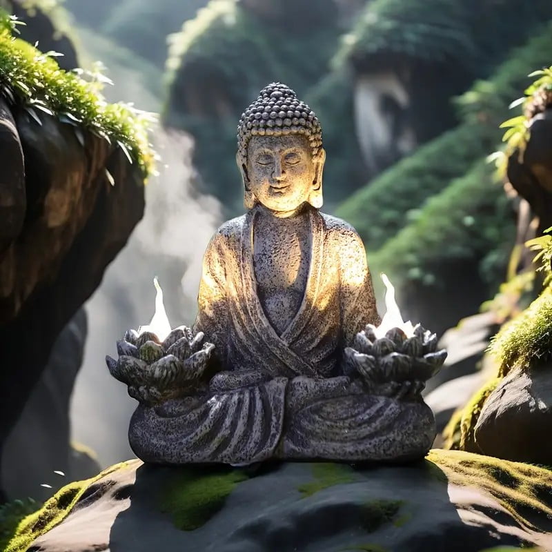 Meditating Buddha Garden Statues with Lotus Lantern, Solar-Power Buddha Sculpture Decor for Home Garden, Yard, Patio, Yoga, Buddha Statues for Indoor or Outdoor Ornaments, Unique Housewarming Gifts