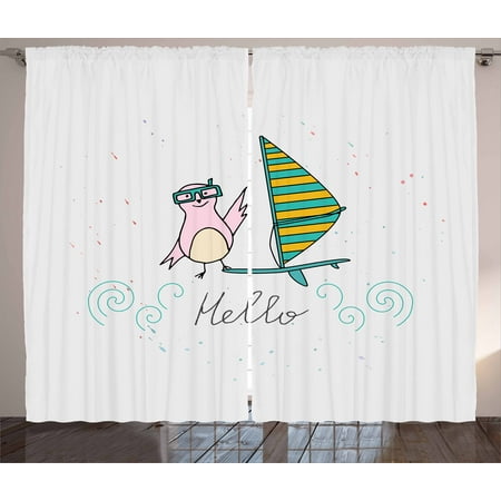 Hello Curtains 2 Panels Set, Summer Inspiration with Hand Drawn Bird and Windsurf Board Cartoon Style, Window Drapes for Living Room Bedroom, 108W X 90L Inches, Mint Green Yellow Pink, by