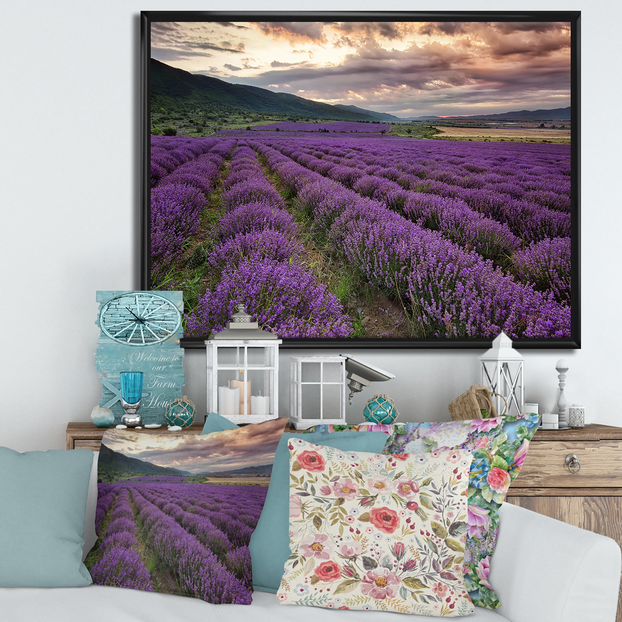 Designart 'Lavender Field At Sunrise I' Farmhouse Framed Canvas Wall Art Print