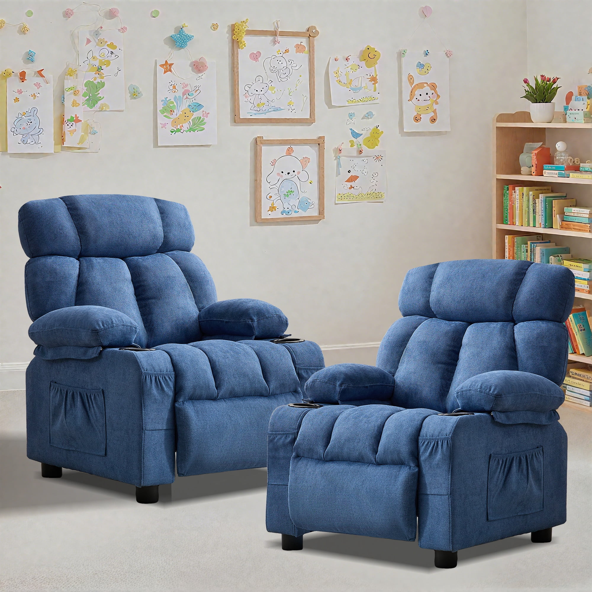 JONPONY Kids Recliner Chair,Push Back Toddler Recliner with Cup Holders & Side Pockets,Adjustable Footrest & Headrest Kids Sofa for Boys Girls 3+ Age Group, Dark Blue